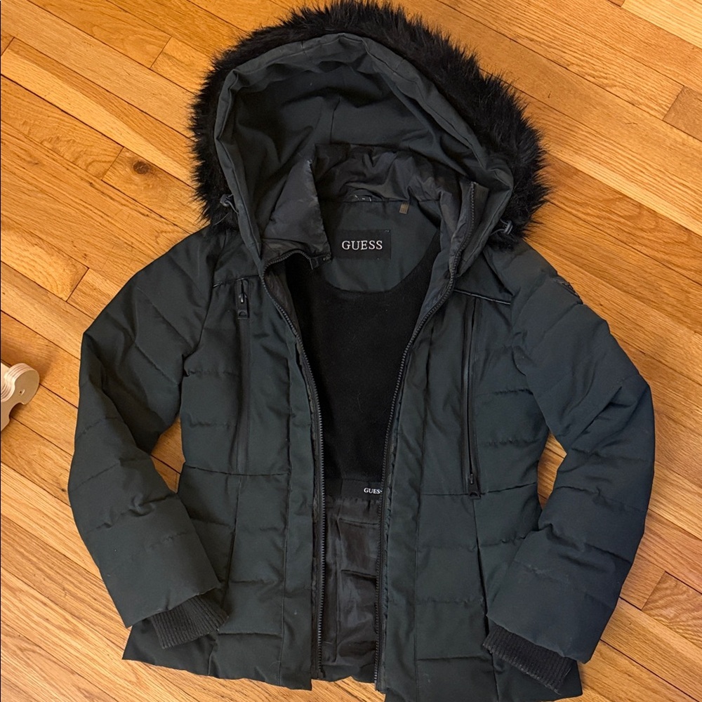 GUESS Women's Green Puffer Jacket with Faux Fur Hood